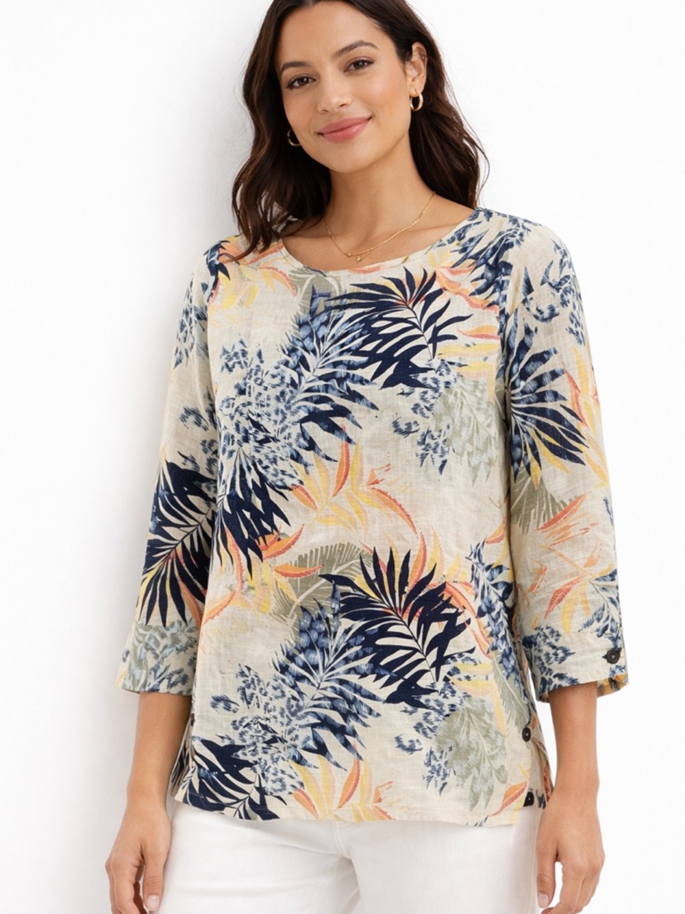 Chico’s 100% Linen Tropical Print Top No Iron 3/4 Sleeve Neutral Size 0 (4/6)